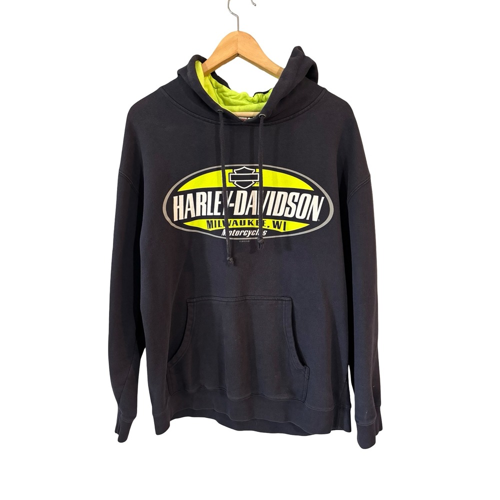 Harley Davidson Williamsport MD Graphic Hoodie Black Neon Green Size L Cotton